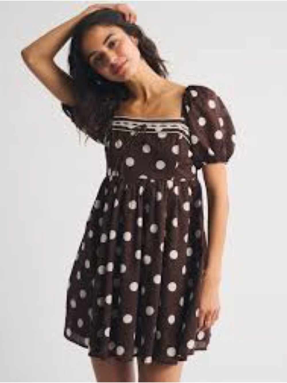 Abercrombie & Fitch puff sleeve mini babydoll dress in brown polka dot print
